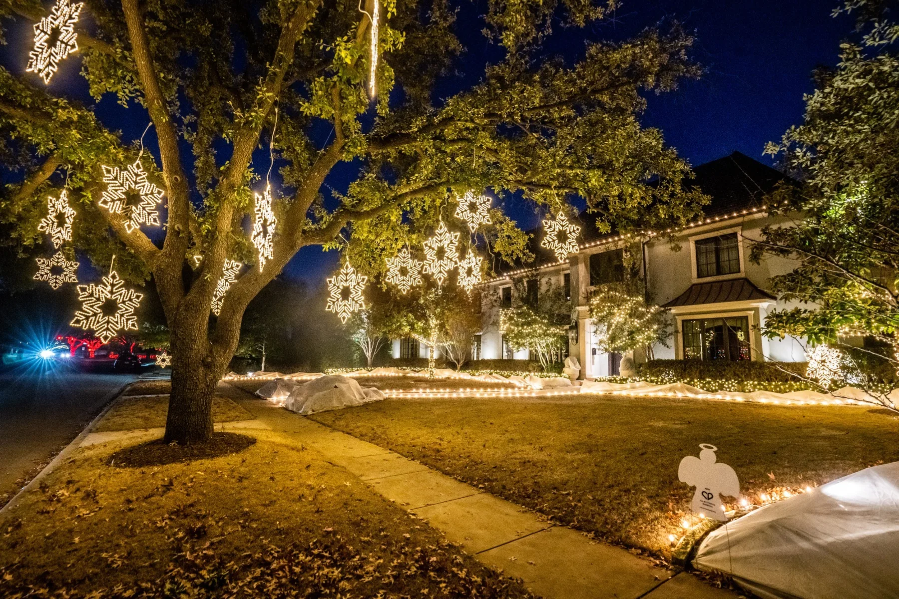 Luxury home holiday lighting with illuminated snowflake decorations and landscape lighting